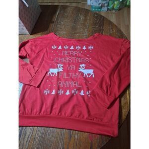 XL Merry Christmas You Filthy Animal Red White Long Sleeve Pullover Shirt Top